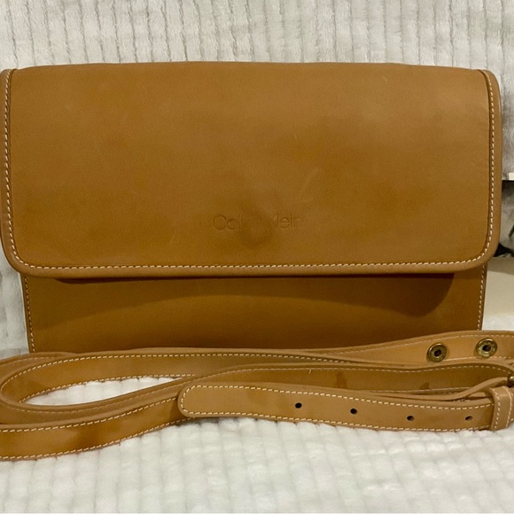 Vintage Calvin Klein Tan Leather Convertible Clutch Crossbody - Picture 2 of 13